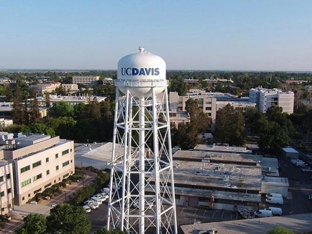 Aerial View of the UC Davis water tower and campus